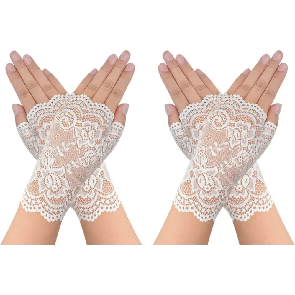 Women's 2 Pairs White Lace Fingerless Gloves Party Prom Costume Accessories